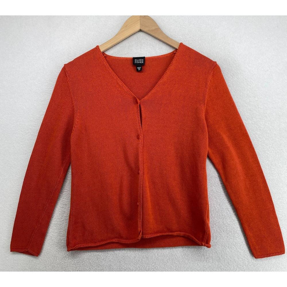 EILEEN FISHER Sweater XS Cotton Cardigan Button Front Long Sleeve Red Orange